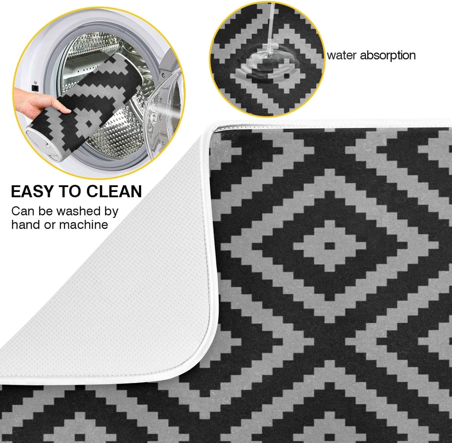 Super Absorbent Dish Drying Mat Microfiber Fast-Drying Dish Mat 24" x 18 Kitchen Dish Drying Pad Black Moroccan Rhombus Plaid
