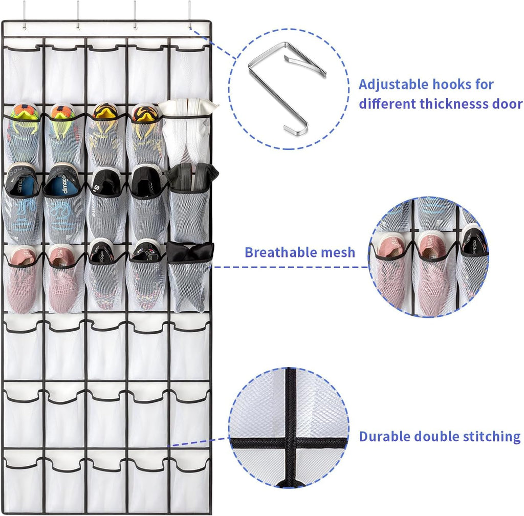35 Pockets Over the Door Shoe Organizer, Hanging Shoe Organizer for Door with 35 Mesh Pockets Large Capacity Shoe Hanging Storage Bag with 4 Metal Hooks (White-1Pack)