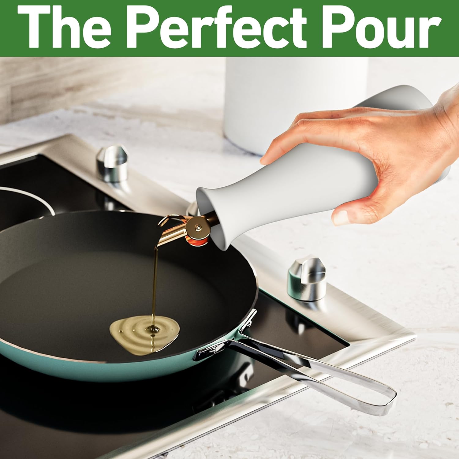 Ceramic Olive Oil Dispenser with Self-Closing Gold Spout - 530 ML Capacity Matte White Ceramic Oil Dispenser for Kitchen - Leak Proof EVOO Dispensing Bottle - Stylish, Ergonomic, Durable, Easy Pour