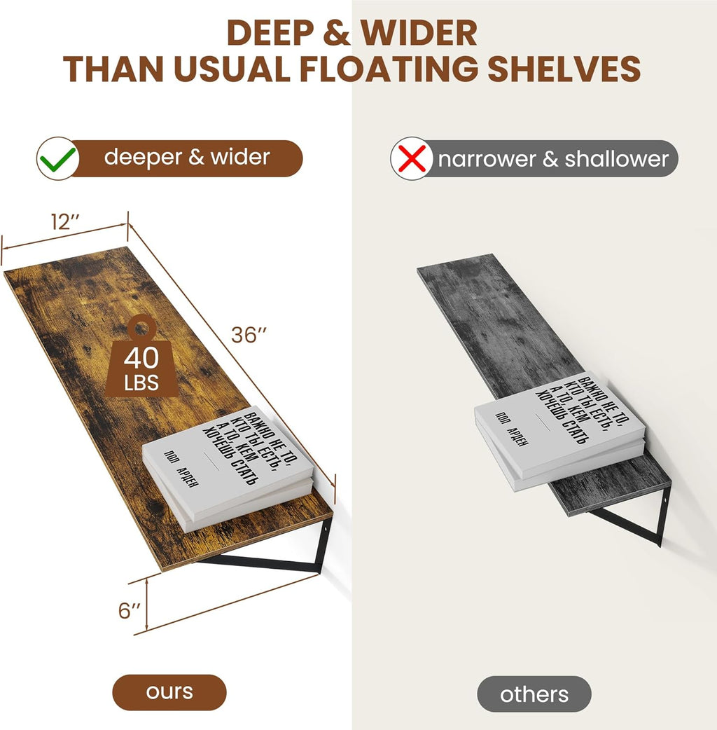 Heimlove Deep Floating Shelves for Wall, 36W x 12D Wood Wall Shelves Set of 2, Wide Floating Bookshelf for Living Room, Kitchen, Office, Bedroom and Decor Storage, with Metal Bracket - Rustic Brown