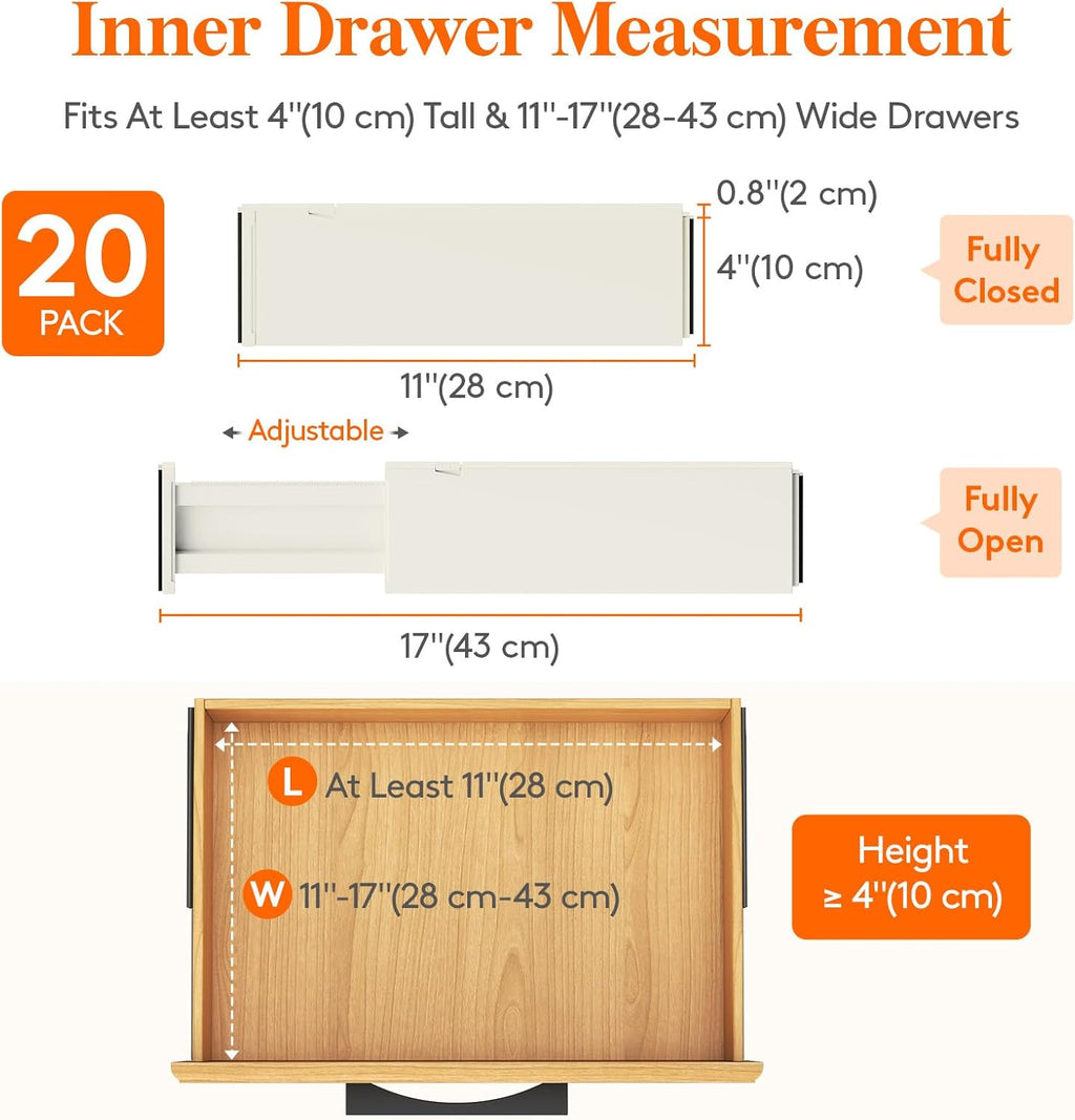 Lifewit 20 Pack Drawer Dividers 4" High, 11-17" Adjustable Dresser Drawer Organizers for Clothes, Expandable Dresser Separators in Bedroom/Bathroom/Kitchen/Vanity/Office Organization and Storage,Beige