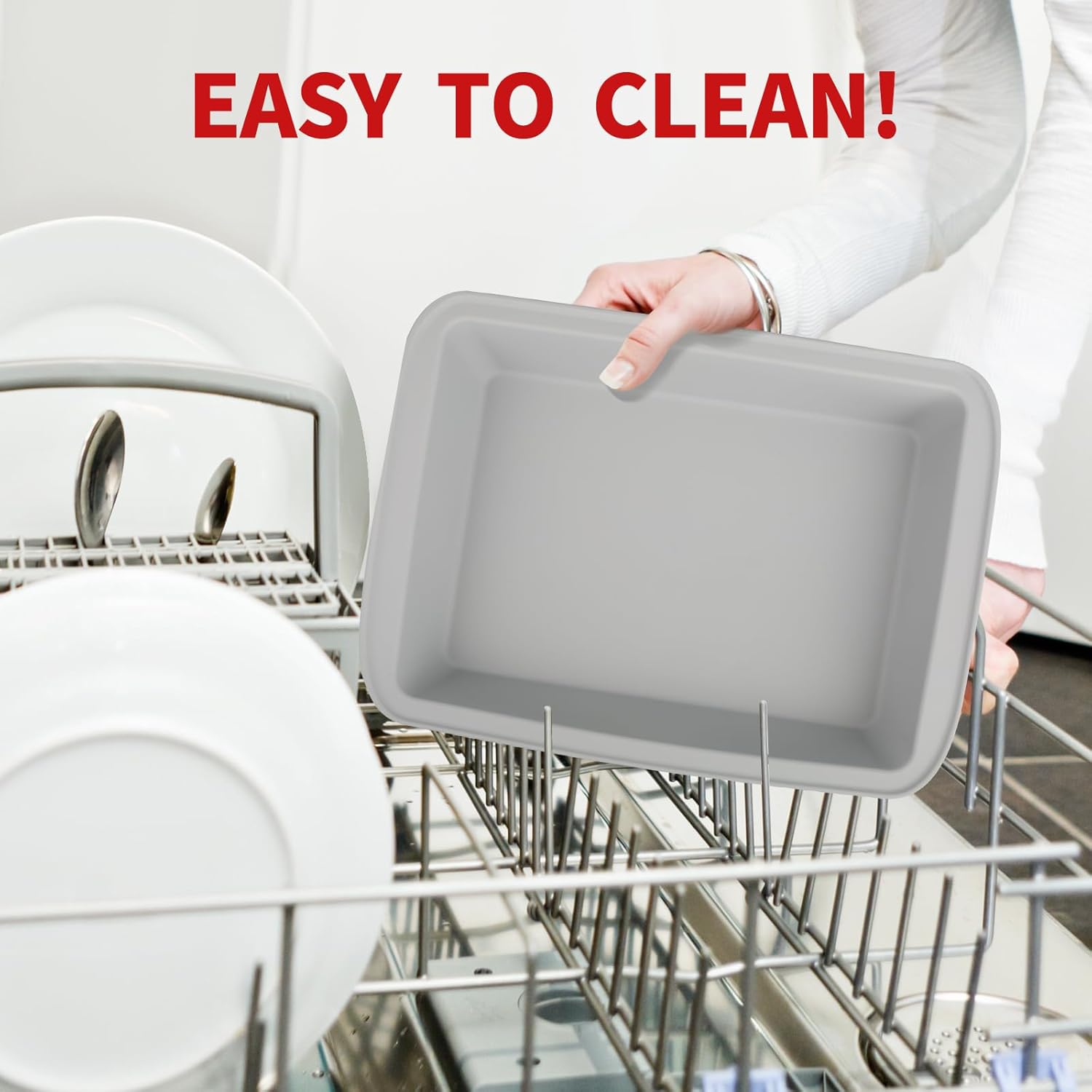 Silicone Baking Mold, Detroit Style Pizza Pan, Rectangular Baking Dish with Handles, Compatible with Fancy Panz, for Lasagna, Cake, Brownie or Family Dinner, 12.6 x 9.8 x 2.1 Inch (2 Pack, Grey)