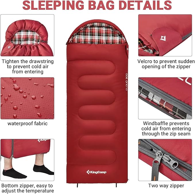 KingCamp 45°F Kids Sleeping Bag, Lightweight Waterproof & Compact Flannel Sleeping Bags Cold Weather & Warm Youth Essentials Gear Accessories for Camping, Fits 10-12 Children up to 5'5" Tall