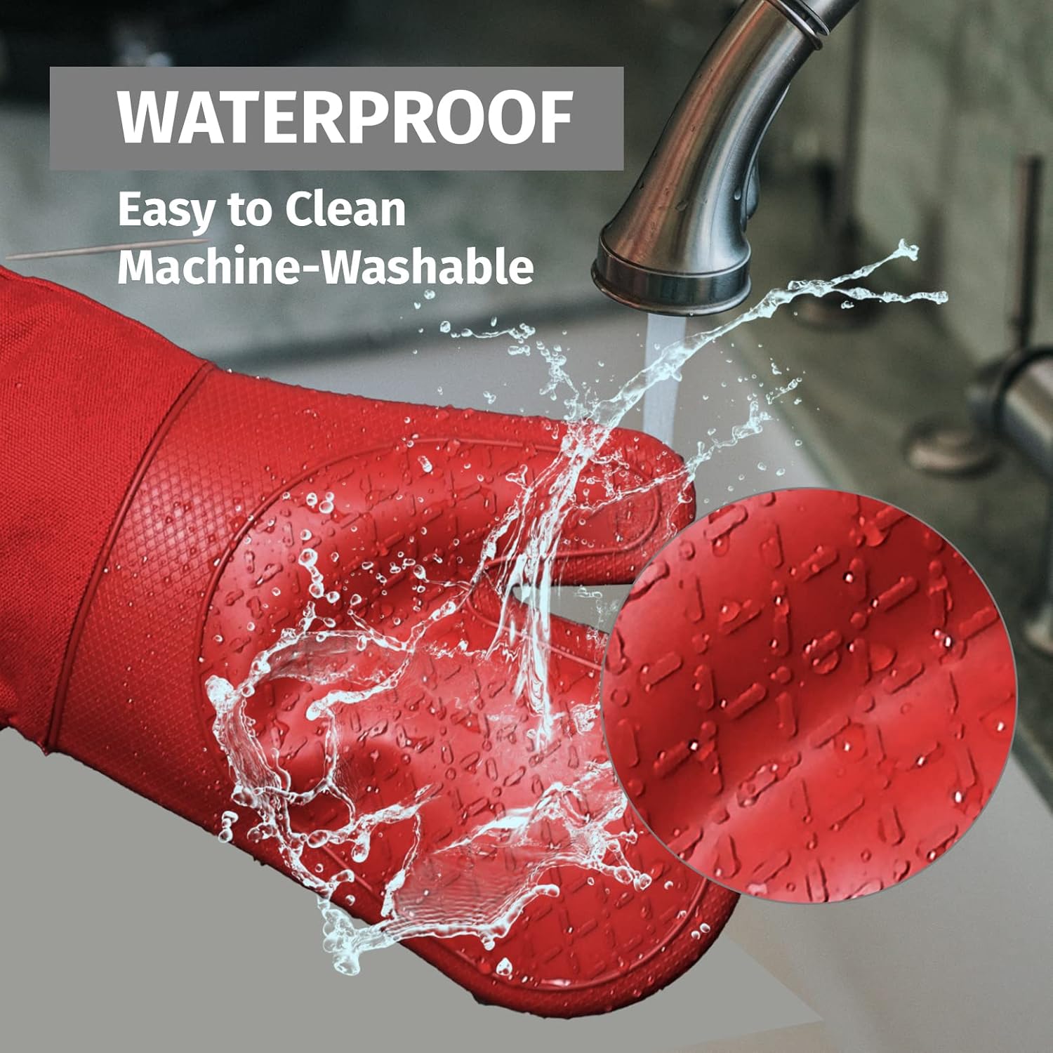 Klex Extra Long Silicone Oven Mitts and Pot Holders, 932°F Degrees Heat Resistance with Quilted Liner Oven Gloves and Hot Pads, 4 Piece Set, 15 inch, Red