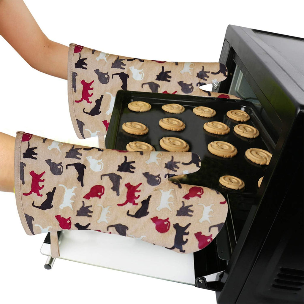 RED LMLDETA Oven Mitts Gloves 1 Pair Heat Resistant 480 ℉ Non Slip Clear Silicone Printed Comfortable Cotton Lining Kitchen Women Men Cooking Barbecue Microwave Machine Washable (Cat, Khaki Mittens)
