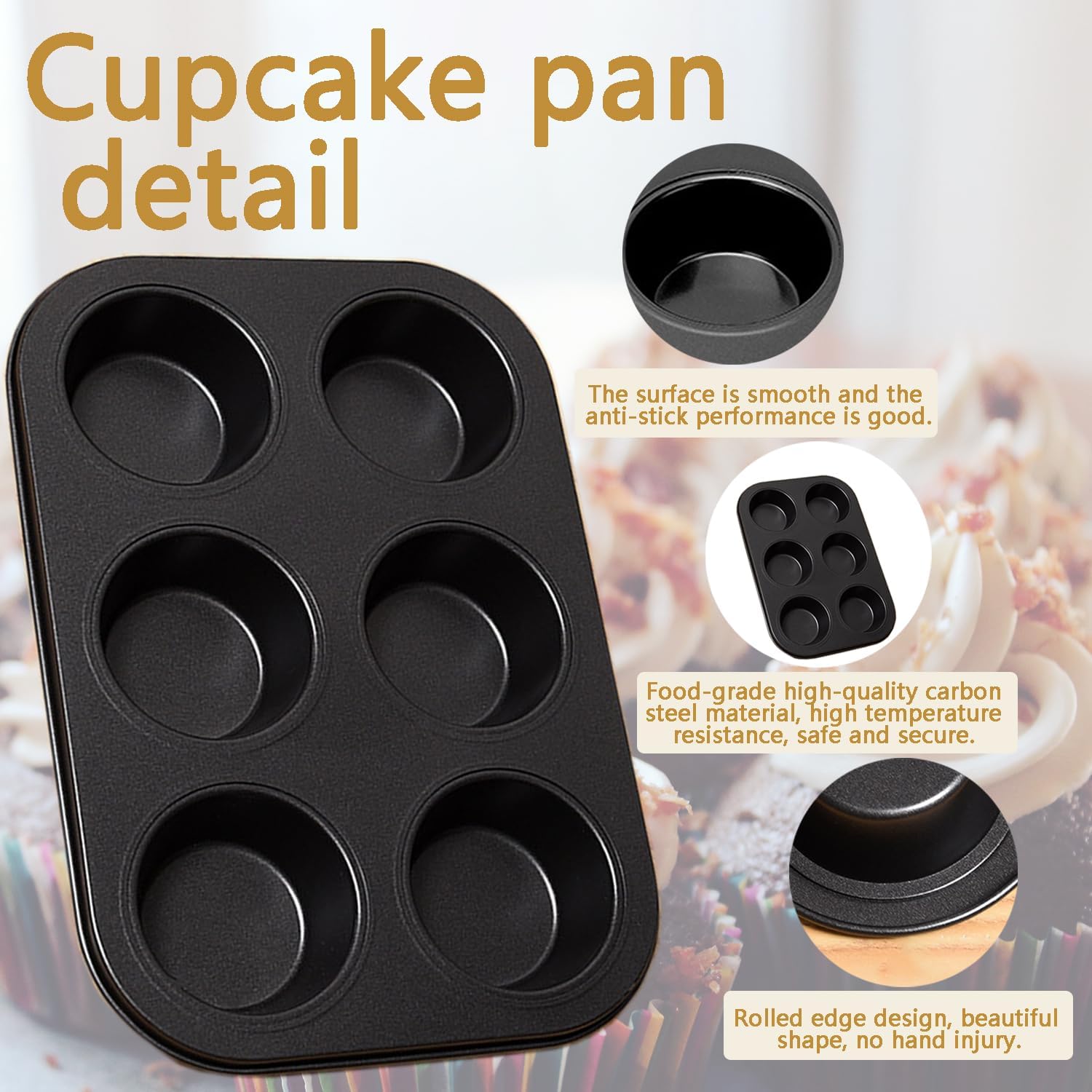 2Pcs Non-Stick 6-Cup Muffin Pan for Baking, Carbon Steel Cupcake Baking Tray, Stackable Cupcake Molds, Dishwasher Safe - 10.4 x 7.3 x 1.1 Inches (Black)