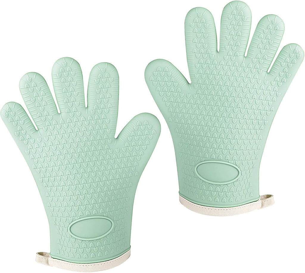 Oven Mitts with Fingers, Heat Resistant 500°F, Waterproof & Non-Slip Kitchen Gloves for Baking, Grilling, Cooking.5-Finger Design with Soft Lining, Hanging Hook,Mint Green
