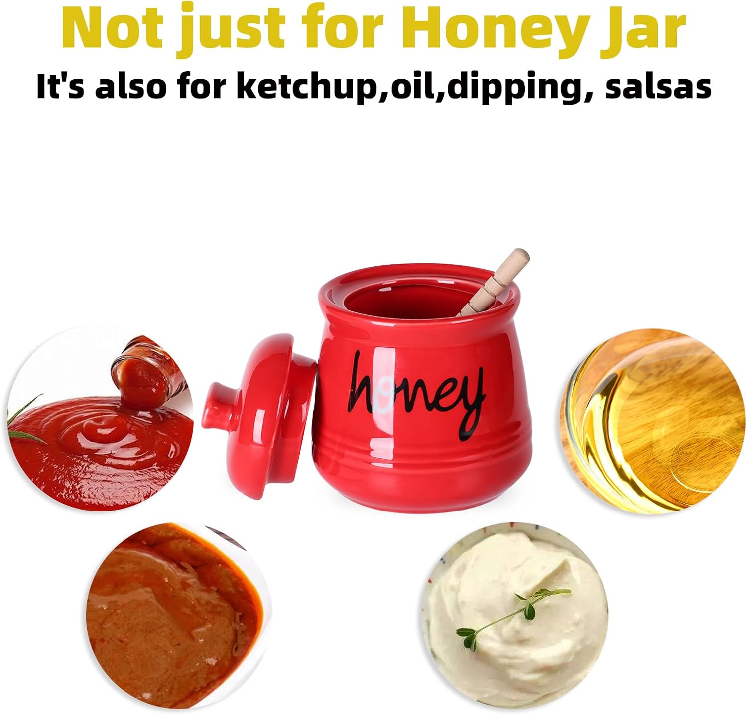 ONTUBE Honey Jar with Dipper and Lid, Ceramic Honey Pot 12oz (Red)