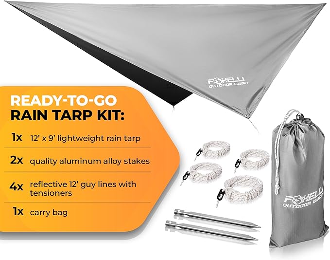 Foxelli Hammock Rain Fly - Waterproof Lightweight Tent & Hammock Rain Tarp for Camping, Backpacking w/Easy Setup Including Extra Long Guy Lines & Stakes