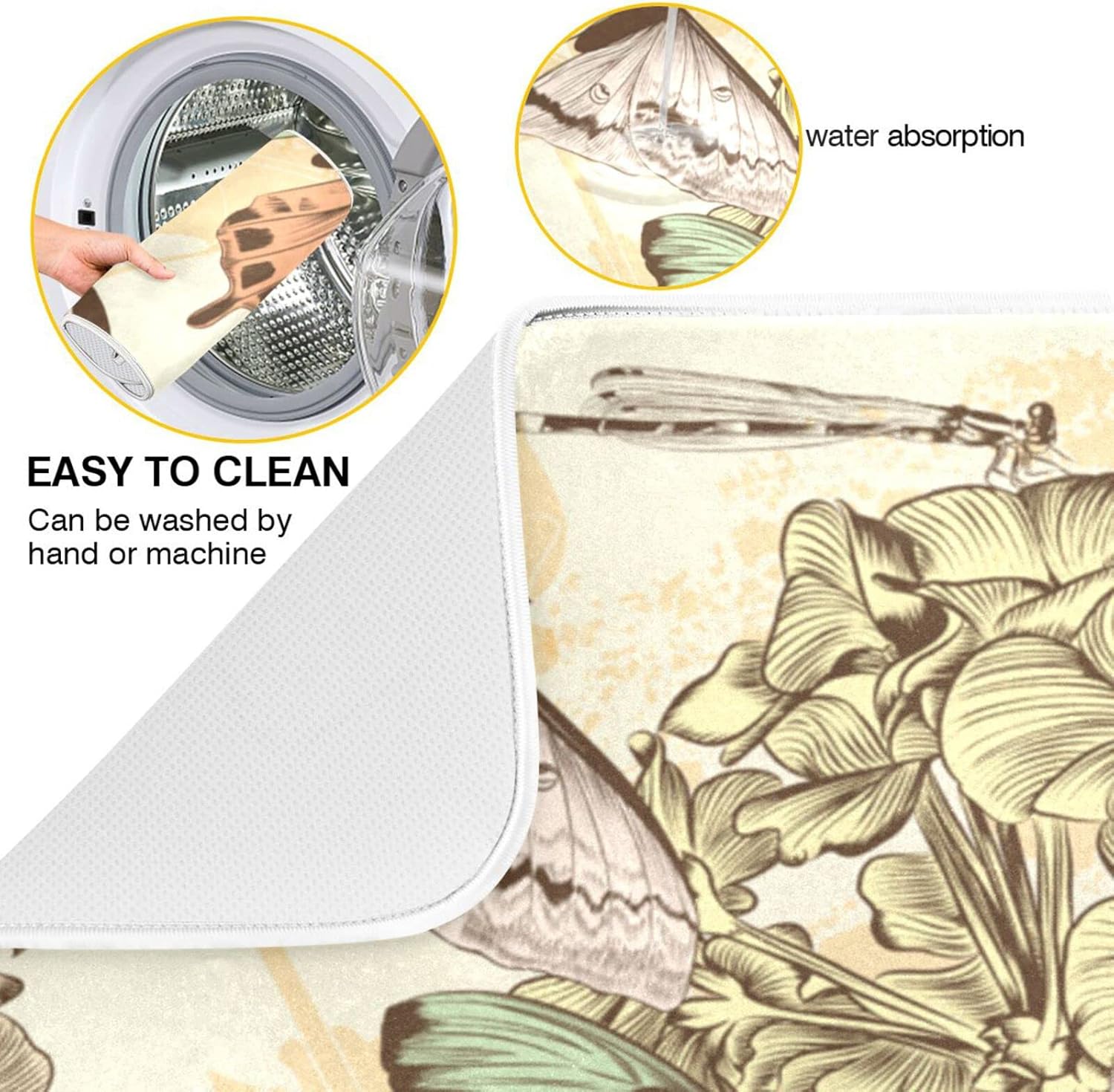 Super Absorbent Dish Drying Mat, Microfiber Fast-Drying Dish Mat, 16" x 18", Kitchen Dish Drying Pad, Retro Butterfly