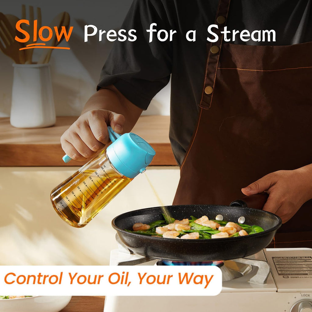 TrendPlain 16oz/470ml Glass Olive Oil Sprayer for Cooking – 2 in 1 Olive Oil Dispenser Bottle for Kitchen Gadgets and Air Fryer Accessories, Salad, BBQ - Sky Blue