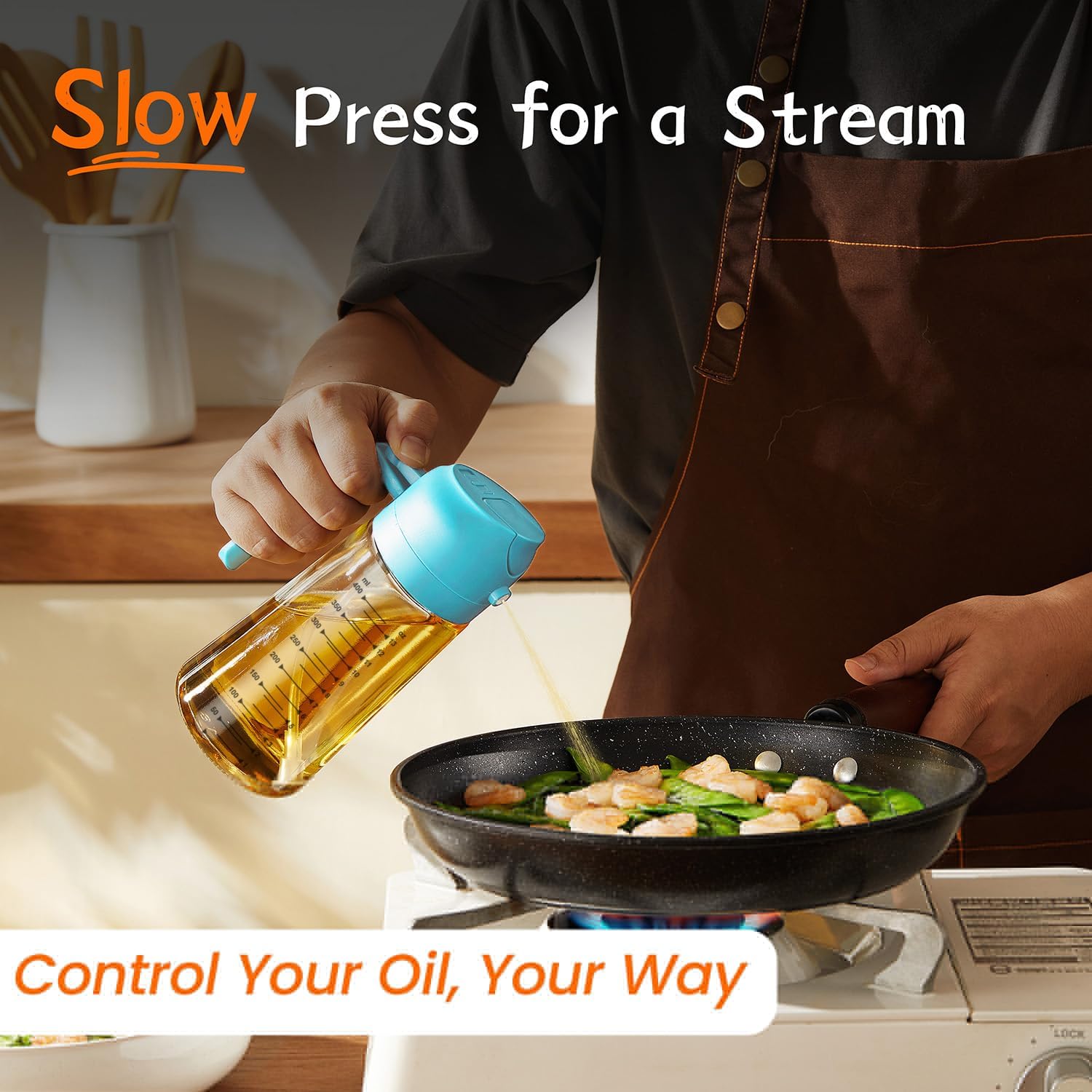 TrendPlain 16oz/470ml Glass Olive Oil Sprayer for Cooking – 2 in 1 Olive Oil Dispenser Bottle for Kitchen Gadgets and Air Fryer Accessories, Salad, BBQ - Sky Blue