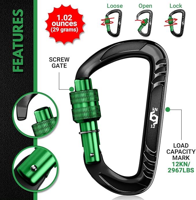 12kN (2697 lbs) Heavy Duty, Locking, Auto Locking, Wiregate Carabiner Clips, for Securing Pets, Outdoor, Camping, Hiking, Hammock, Dog Leash Harness, Keychains