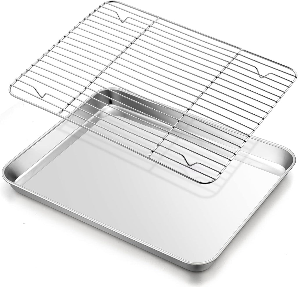 Baking Sheet with Rack Set, E-far 16”x12” Stainless Steel Cookie Sheet Pan for Oven, Rimmed Metal Tray with Wire Cooling Rack for Cooking Roasting Resting Bacon Meat Steak - Dishwasher Safe