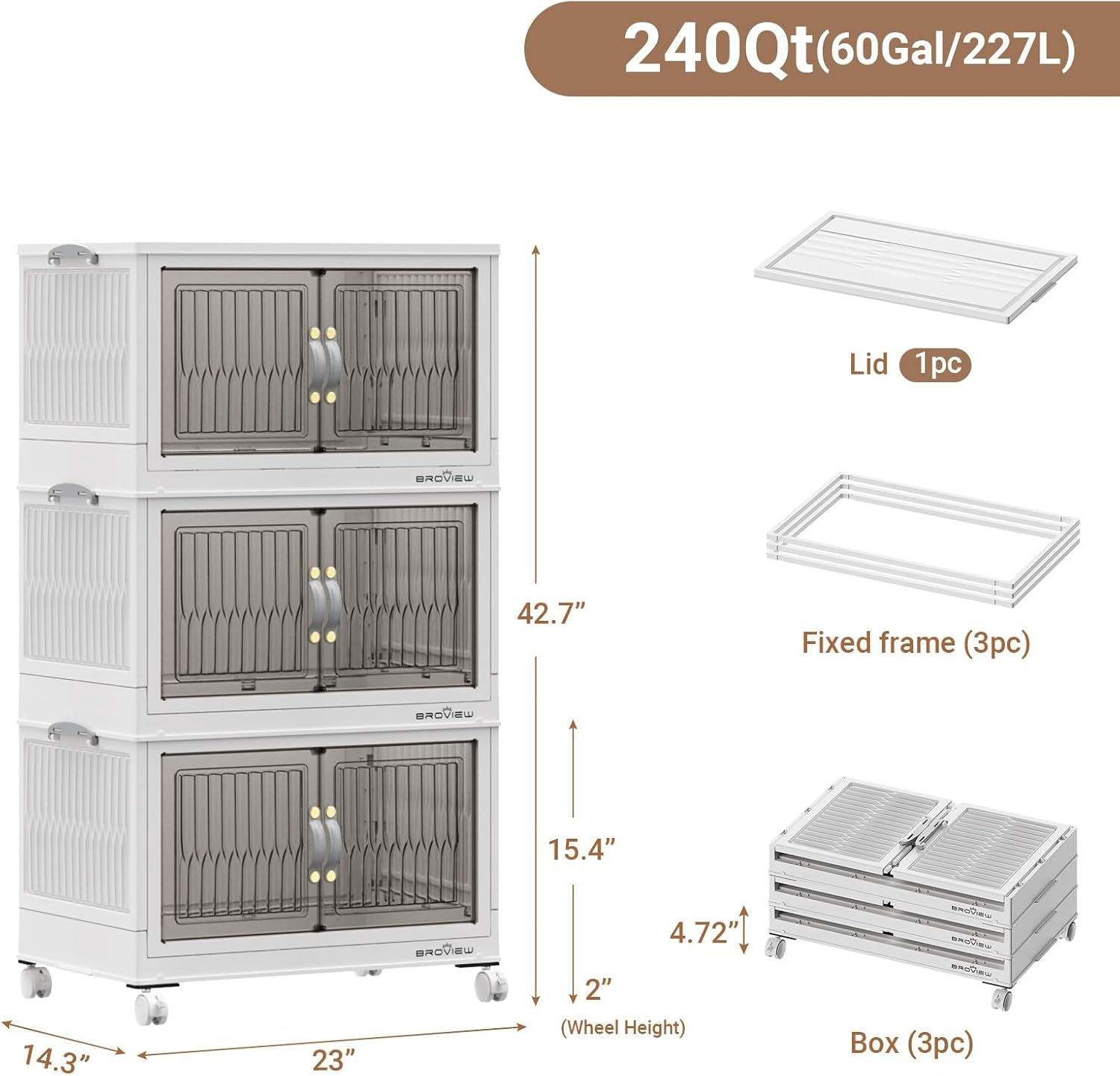 240Qt Stackable Storage Bins with Lid, Extra Large Closet Organizer Collapsible Drawer Boxes with Wheels, Folding Plastic Cabinet Containers for Home Kitchen Room Organization, 3Pack White