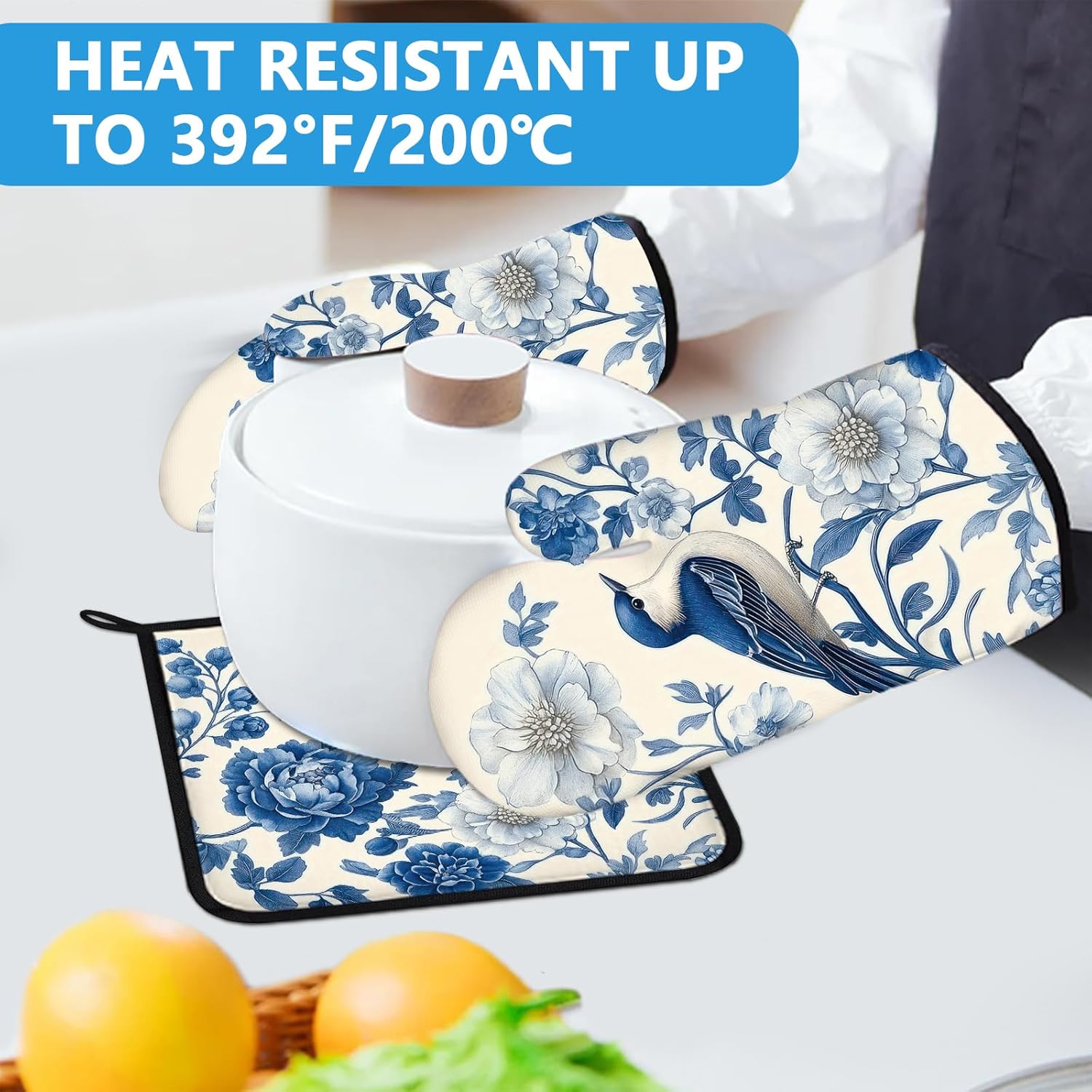 Blue Bird Blooming Flower Oven Mitts and Pot Holders Sets Heat Resistant 4Pcs Potholders Oven Gloves Hot Pads for Kitchen Baking Cooking Grilling BBQ