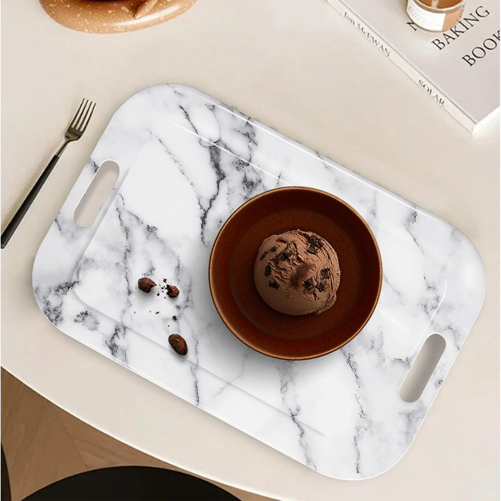 Serving Trays with Handles, 14.5 x 9.8 inch Rectangular Plastic Tray for Restaurant, Kitchen, Gray White Marble