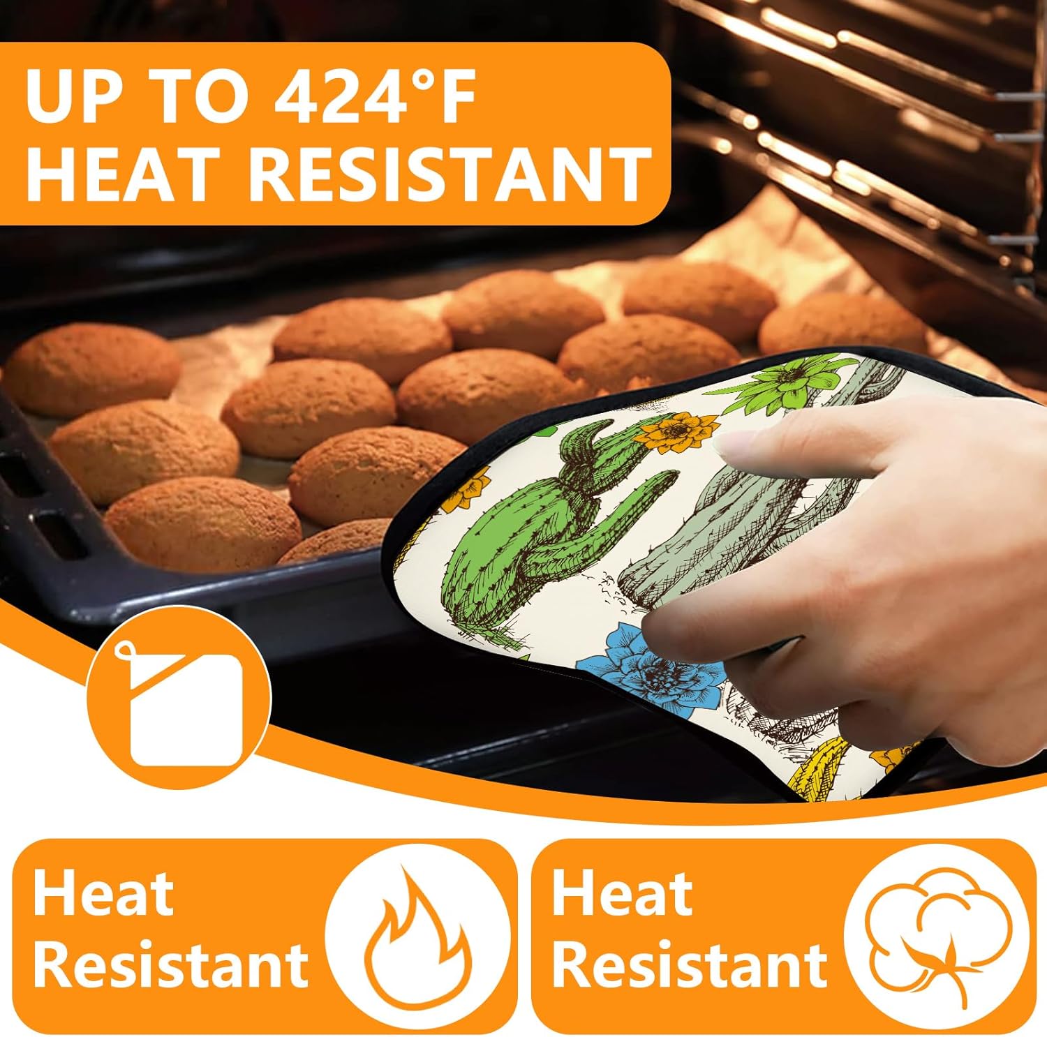 Cactus Flower Oven Mitts and Pot Holders Sets 4Pcs,Extra Long Oven Gloves Potholder for Kitchen Cooking Baking BBQ 100% Cotton Heat Resistant