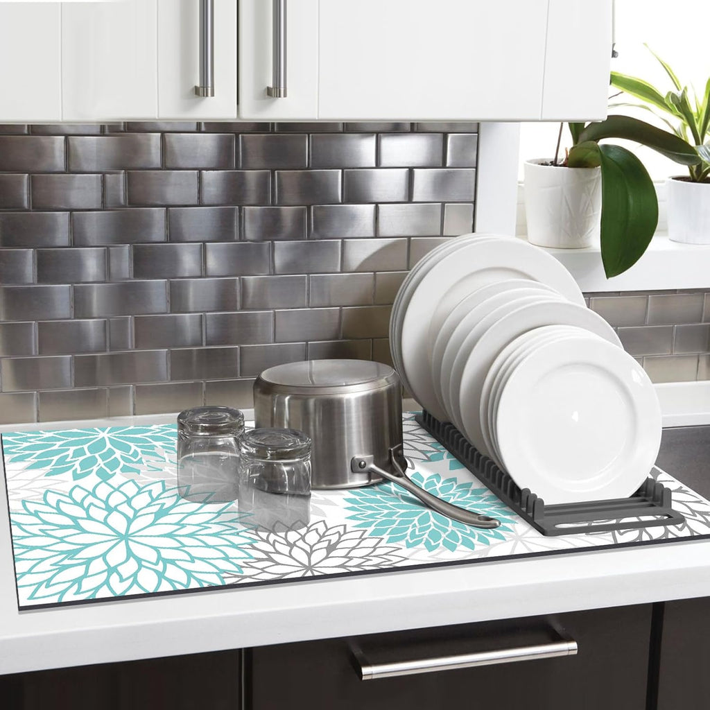 Findosom 2PCS 16" x 24" Dish Drying Mat & 24" x 5.5" Sink Splash Guard, Super Absorbent & Cuttable Dish Mat Drying Kitchen Mat with Teal Floral, Hide Stain Drying Mat for Kitchen Counter