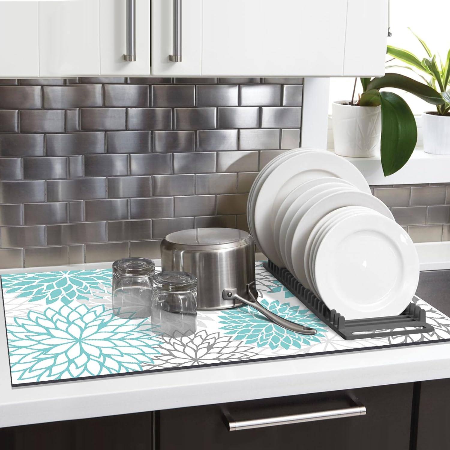 Findosom 2PCS 16" x 24" Dish Drying Mat & 24" x 5.5" Sink Splash Guard, Super Absorbent & Cuttable Dish Mat Drying Kitchen Mat with Teal Floral, Hide Stain Drying Mat for Kitchen Counter