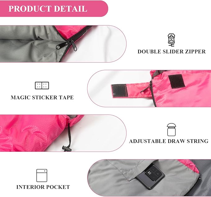 Sleeping Bags, Camping Sleeping Bag for Adults, 3 Season Warm & Cool Weather, Lightweight Waterproof Sleeping Bags for Indoor Outdoor Camping Traveling Backpacking, Pink/Blue/Black