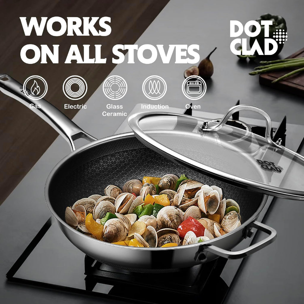 Wok pan,Hybrid 13 inch Wok with Lid, PFOA Free Cookware,non stick Stainless Steel Woks & Stir-fry pans Nonstick, Dishwasher and Oven Safe, Works on Induction