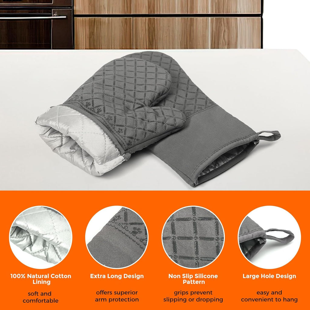 2 Pcs Oven Mitts Heat Resistant for Kitchen, Kitchen Oven Gloves, Long Oven Mitts and Pot holder with Non-Slip Silicone Stripe and Soft Cotton Lining, Silicone Oven Mitts for Cooking Baking BBQ Gloves