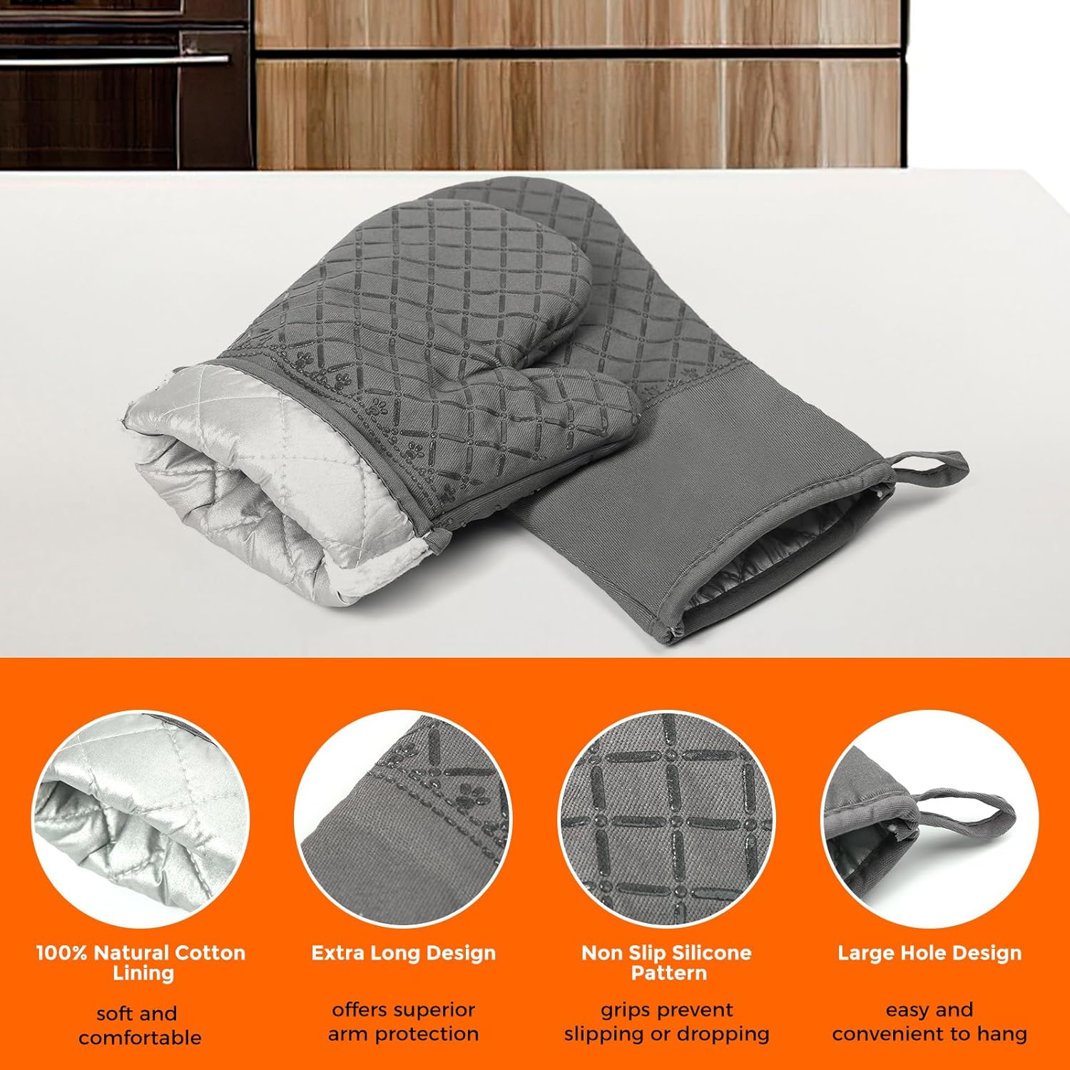 2 Pcs Oven Mitts Heat Resistant for Kitchen, Kitchen Oven Gloves, Long Oven Mitts and Pot holder with Non-Slip Silicone Stripe and Soft Cotton Lining, Silicone Oven Mitts for Cooking Baking BBQ Gloves