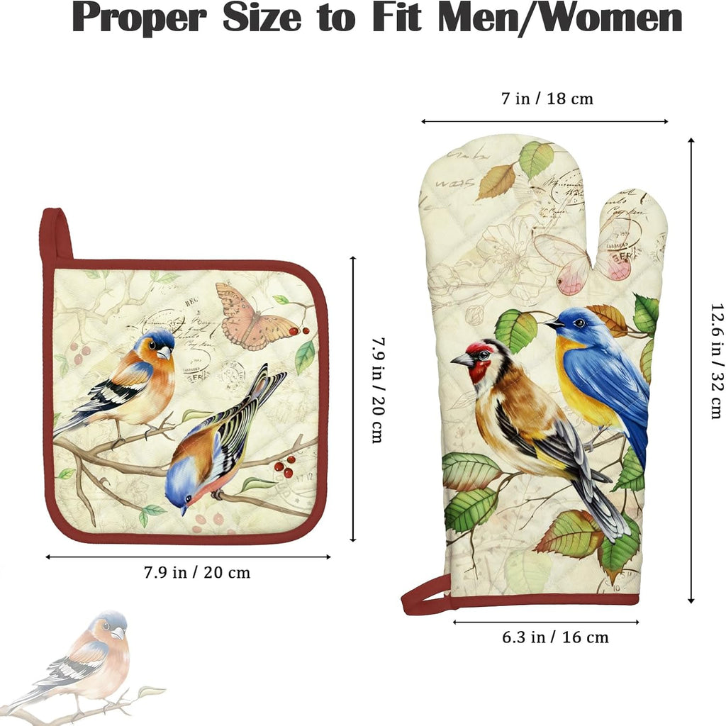 Vintage Bird Oven Mitts and Pot Holders Sets 2Pcs, 100% Cotton Heat Resistant, Extra Long Oven Gloves Potholder for Kitchen Cooking Baking Decoration