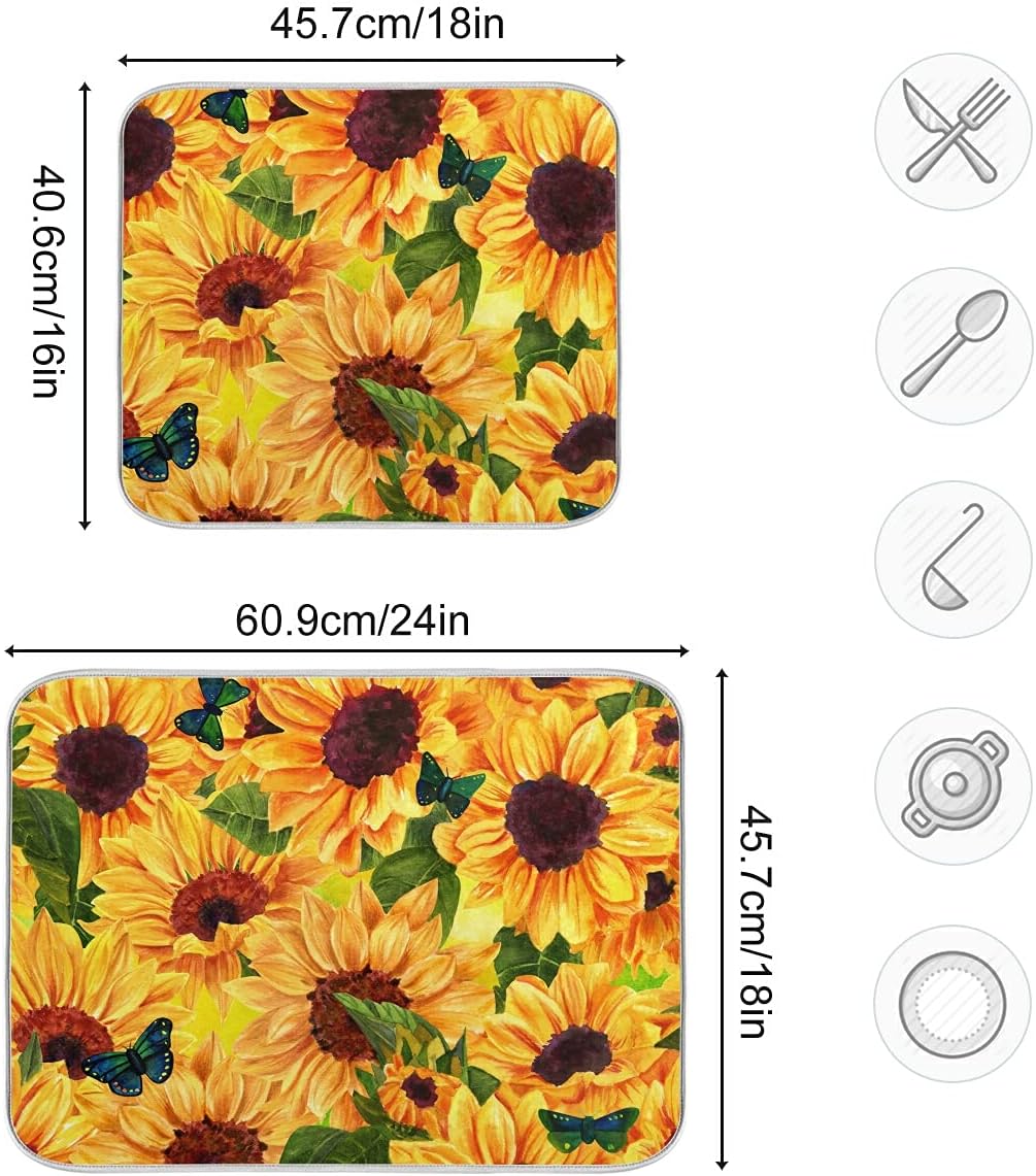 Super Absorbent Dish Drying Mat, Microfiber Fast-Drying Dish Mat, 24" x 18", Kitchen Dish Drying Pad, Sunflowers And Green Blue Butterflies