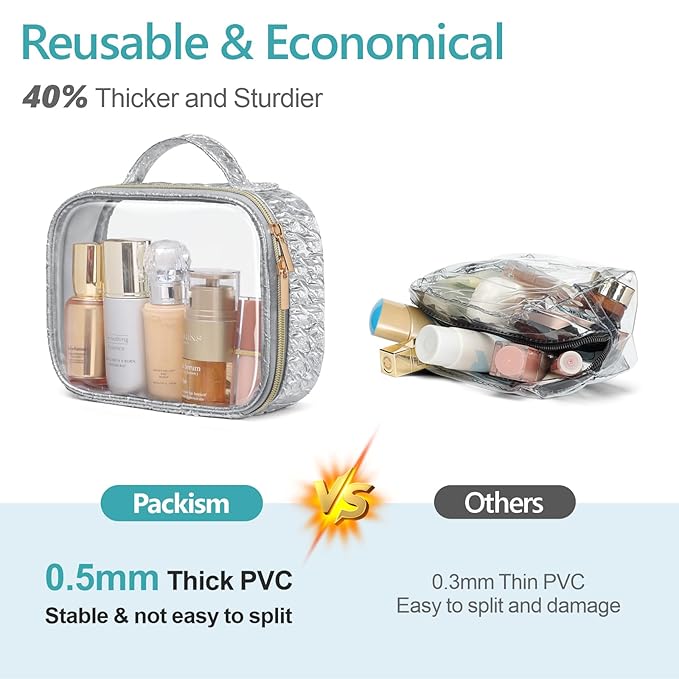PACKISM TSA Approved Toiletry Bag - Ruched Textured Clear Makeup Bag, Metallic Silver, with 180° Large Opening and Supporting Frame, Perfect for Travel Essentials, Thick No Smell