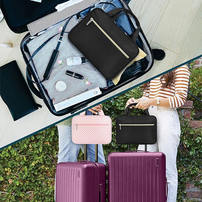 PAVILIA Hanging Toiletry Bag Travel Bag Women Men, Foldable Cosmetic Organizer, Roll up Makeup Bag, Water Resistant Accessories Toiletries, Large Travel Essentials Kit (Black Gold)