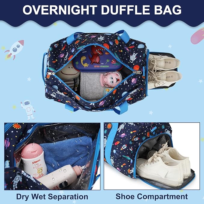 Kids Duffle Bag for Boys,RAVUO Water Resistant Travel Bag Overnight Bag Weekender Carry On Bag for Gym Sport with Shoe Compartment and Wet Pocket Space