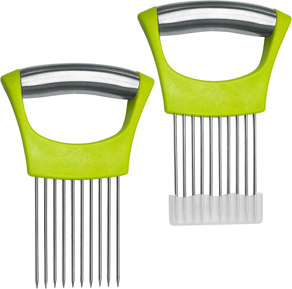 2 Pcs Onion Slicer holder,Premium Vegetable Slicing Tool for Potato and Tomato, Food Cutter Assistant Tool for Slicing Fruit Lemon and Meat, Stainless Steel Kitchen Tool, (Green)