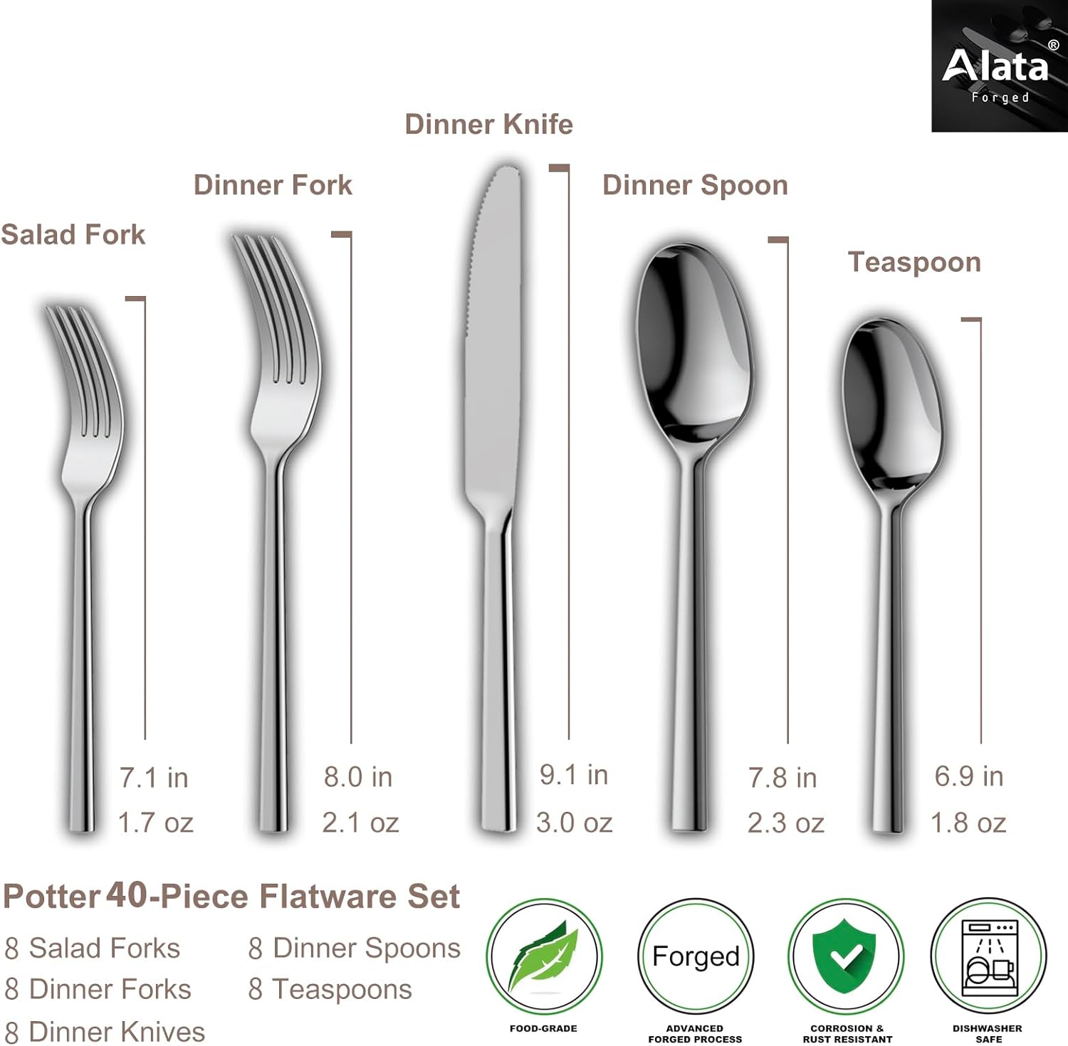 Alata Potter 40-Piece Forged Silverware Set Stainless Steel Flatware Set Cutlery Set, Service for 8, Mirror Finish, Dishwasher Safe