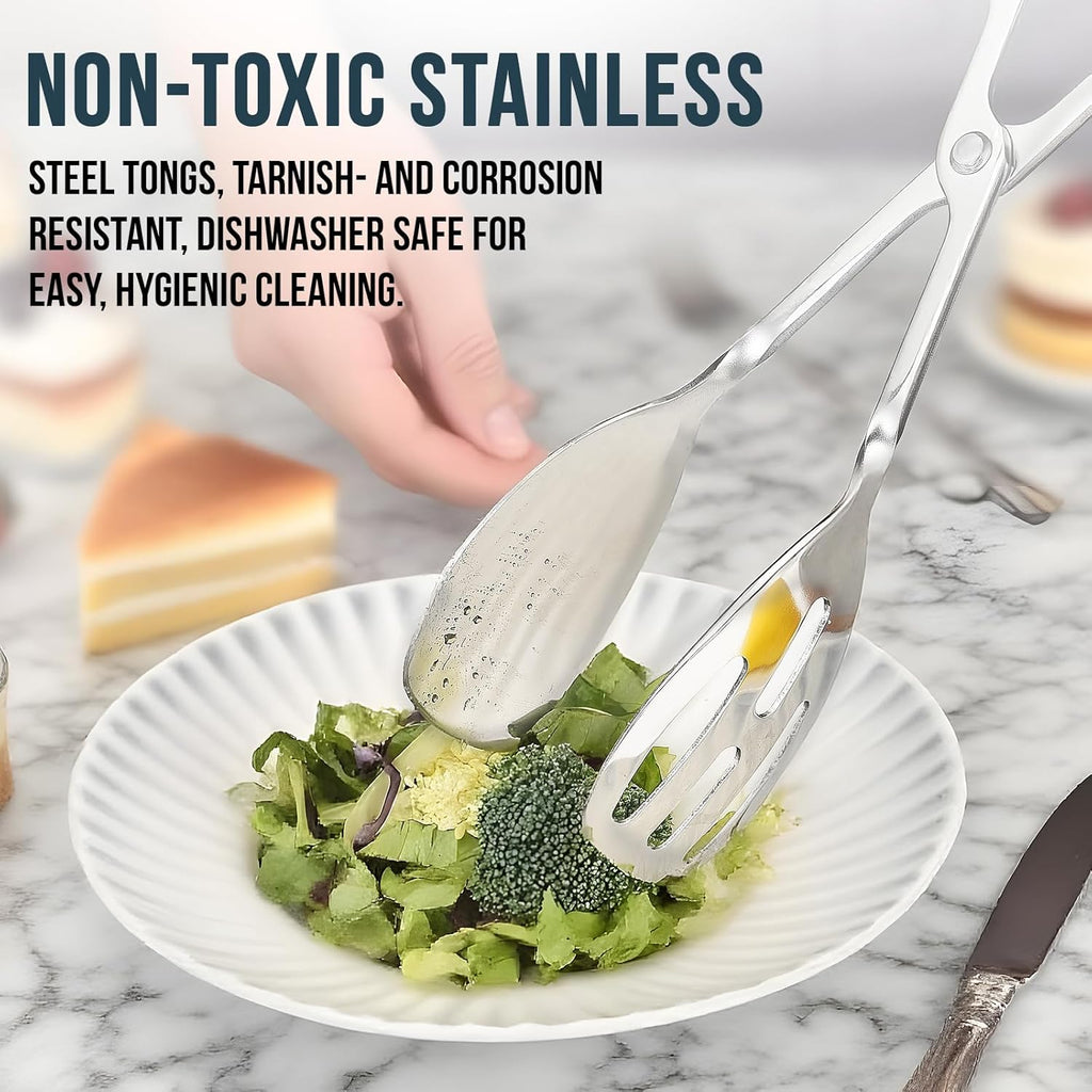 2-PACK Salad Tongs for Serving - Premium Stainless Steel Scissor-Style, Non-Toxic, Heat-Resistant Salad Servers, Dishwasher Safe, Ideal for Buffet and Party Use (Silver)
