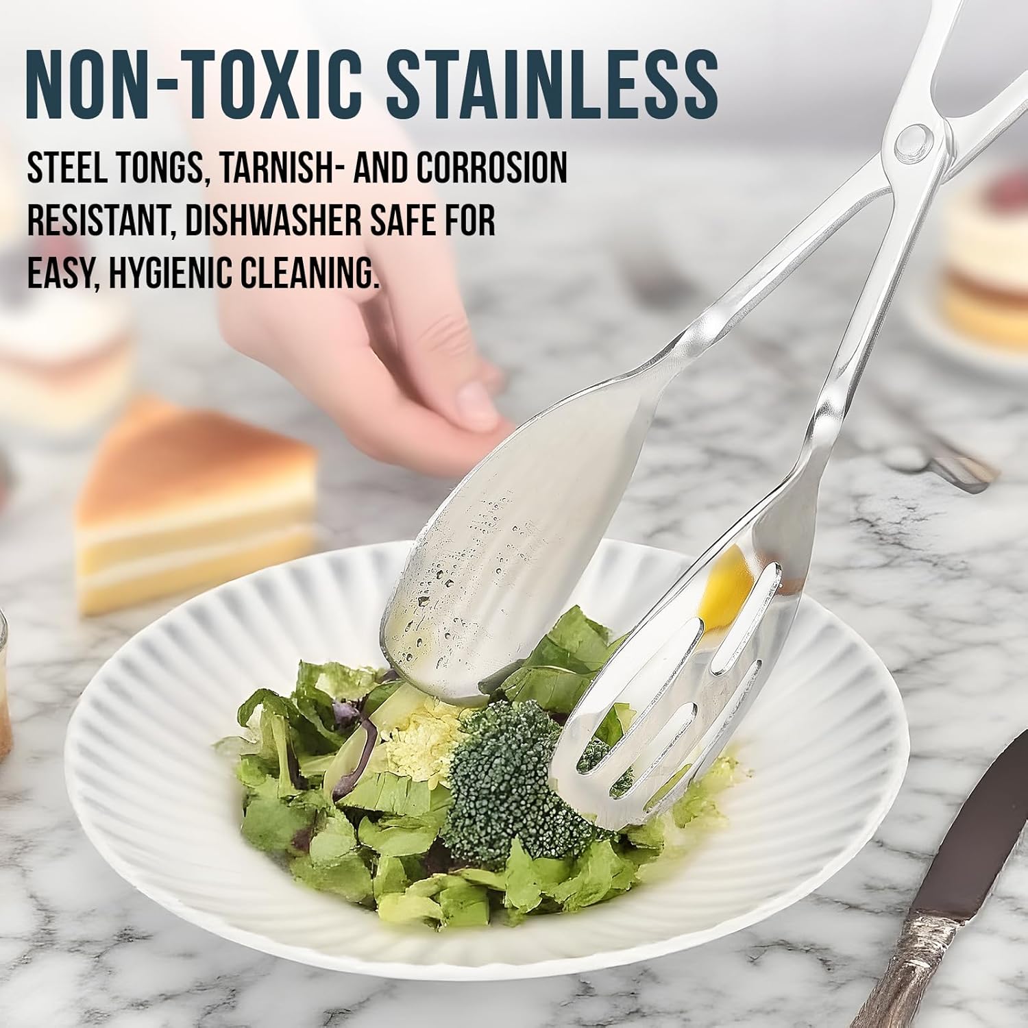 2-PACK Salad Tongs for Serving - Premium Stainless Steel Scissor-Style, Non-Toxic, Heat-Resistant Salad Servers, Dishwasher Safe, Ideal for Buffet and Party Use (Silver)