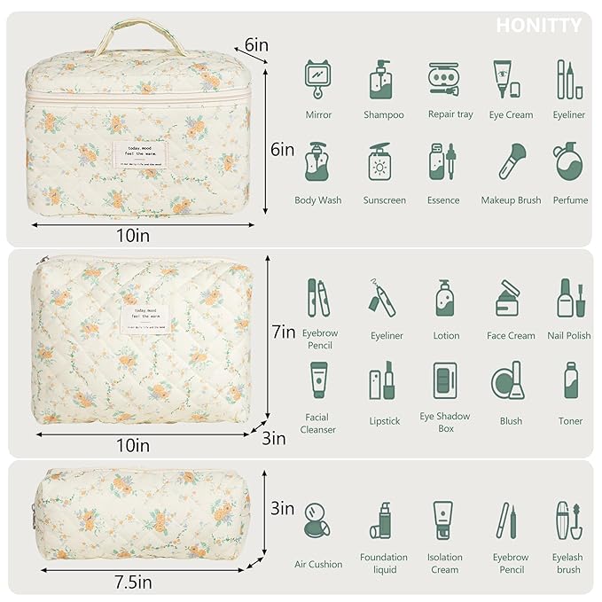 Makeup Bag,Quilted Cosmetic Bags,Large Floral Make Up Organize bag,Makeup Bag Set for Women,Flower Travel Toiletry Bag