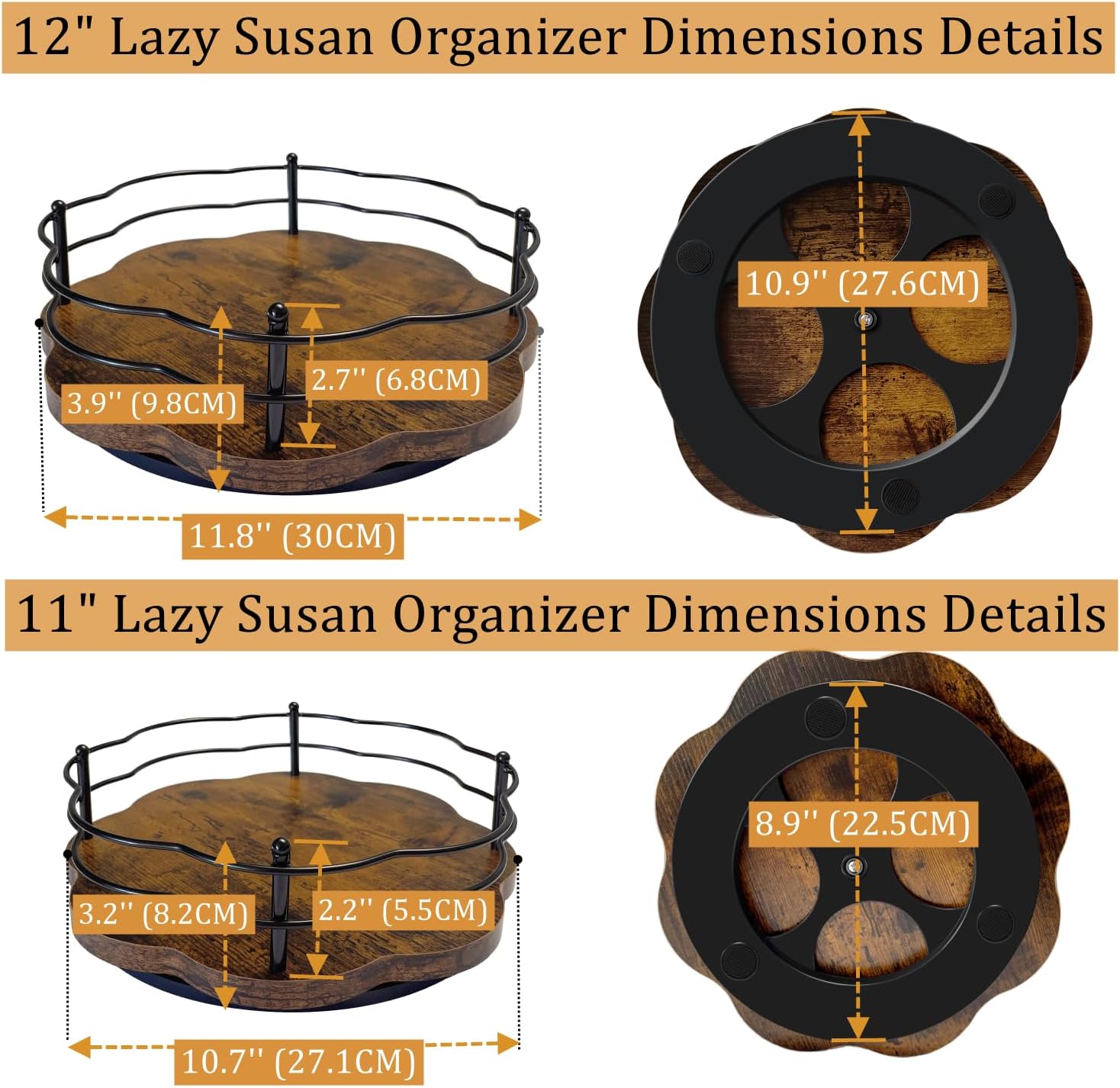 2 Pack, 11" & 12" Wooden Lazy Susan Turntable with Higher Metal Sides, 360° Rotating Lazy Susan Organization and Storage for Cabinet, Table Top, Kitchen, Countertop, Dining Table, Pantry, Coffee Bar