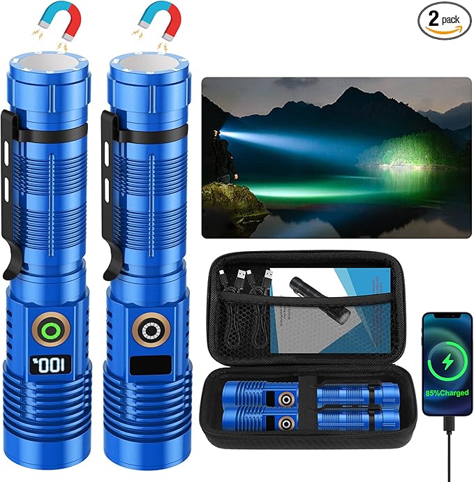Rechargeable Flashlight High Lumens-12000LM Super Bright Magnetic Flash Light with Power Digital Display,3280Ft Long Range,Dimmable,Waterproof,Pocket LED Flashlights for Emergency Camping 2PC Blue