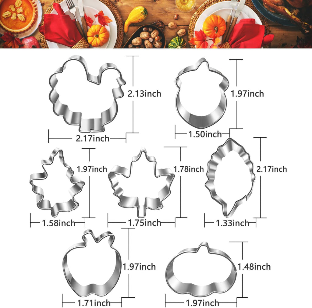Mini Autumn Cookie Cutter Set-7 Piece-2.0 Inch-Diswasher Safe-Mini Autumn Leaf, Apple, Pumkin, Acorn, Maple, Turkey-Mini Baking Pie Crust Cutter for Thanksgiving