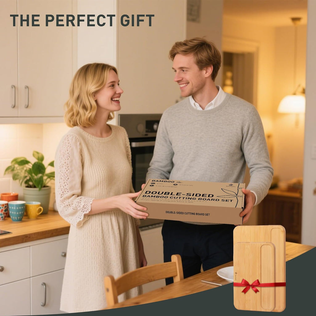 2 Packs Natural Wood Cutting Board Set Non Toxic Bamboo Cutting Boards with Juice Groove Wooden Chopping Board Ideal Charcuterie for Meat Fruit Vegetables Cheese Hardwood Kitchen Counter Kit