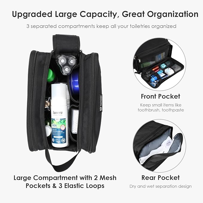 TACTICISM Toiletry Bag for Men - Extra Large Dry Wet Separate Dopp Kit, Tactical Molle Travel Toiletry Bag, Water-Resistant Shaving Bag for Adult, Black