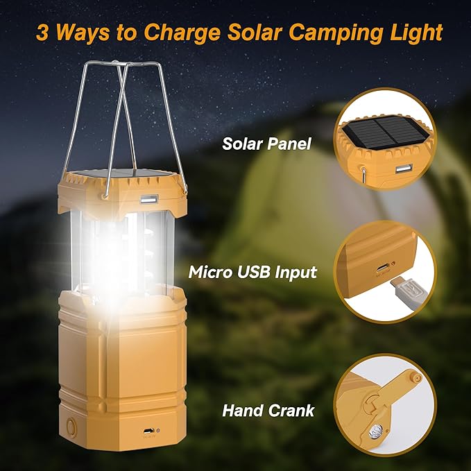 3000 Large Capacity Hand Crank Solar Camping Lantern, Portable Ultra Bright LED Torch, 23-26 Hours Running Time, USB Charger, Electronic Lantern for Outdoor