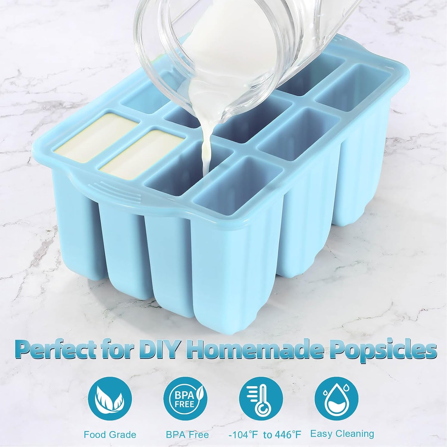 Silicone Popsicles Molds,Ice Pop Cream Mold Set Homemade Toddler Popsicle Maker For Kids Para Paletas De Helado Kulfi BPA Free, with 50 Sticks, 50 Bags,50 wire Ties (Azure)