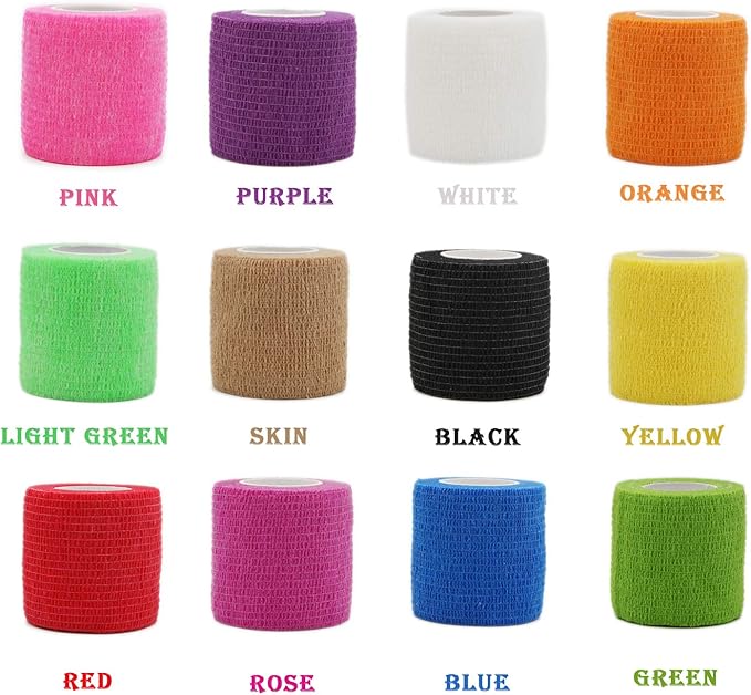 First Aid Self Adherent Cohesive Bandages, First Aid Tape Cohesive Wrap Bandage, Colorful Bandages(2 inches x 5 Yards,12 Packs,Colorful)