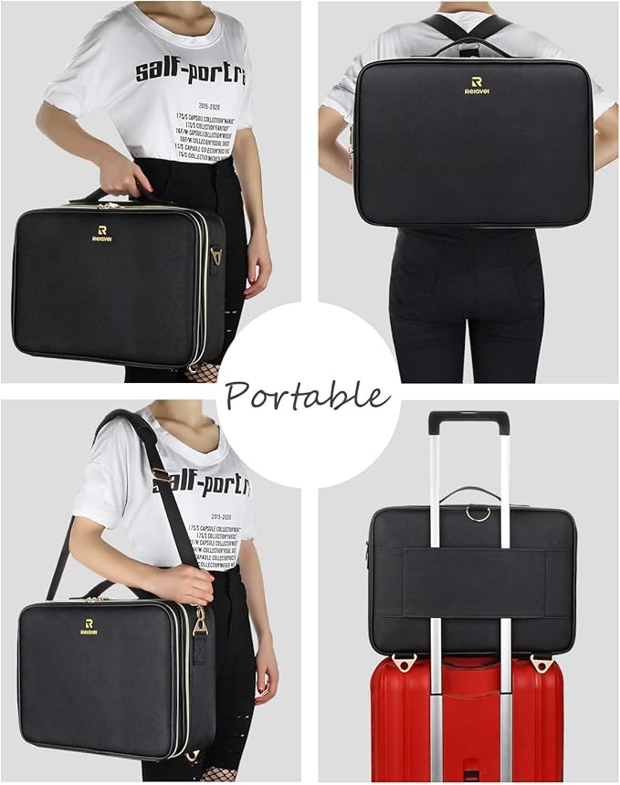 Relavel Professional Train Case - 16.5 Inch Travel Cosmetic Organizer, Waterproof Makeup Artist Storage Box, Large Capacity (Leather Black)