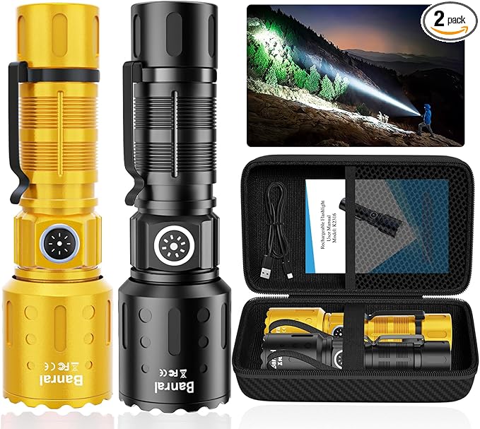 Flashlights High Lumens Rechargeable, 20000 Lumens Super Bright 1500 Meters Long Range Small Powerful Flashlight, 6 Modes LED Tactical Pocket Waterproof Flash Light for Camping (2, Black/Gold)