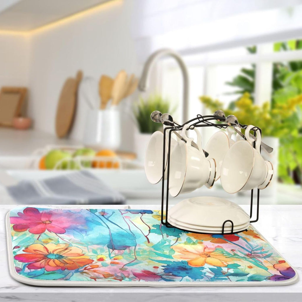 Colorful Beautiful Flowers Dish Drying Mat for Kitchen Counter Absorbent Microfiber Drying Pad, Large 18x24 in, Reversible Drainer Mats