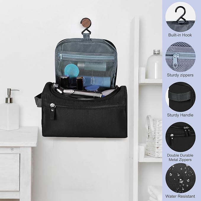 Hanging Toiletry Bag for Women and Men Traveling Makeup Large Capacity Cosmetics Portable Dopp Kit Storage Organizer Bag with Hanging Hook for Toiletries Brushes Shaving Tools (Black)
